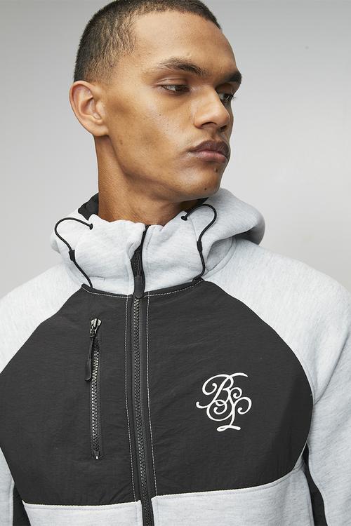 A  Raglan Sleeve Higher Neck Piece Hood  Zip Through - Lt Grey Marl / Jet Black