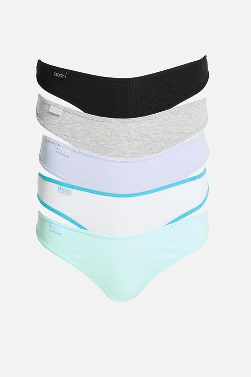 Organic Cotton Rib G String 5Pk - Black/Greymarle/Whiteaqua/Hazymint/Violetblue