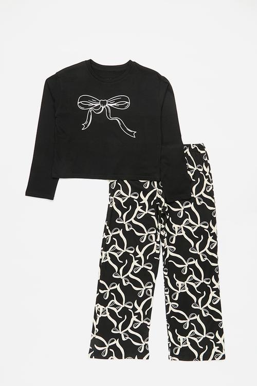 Bow print pj set - black & white