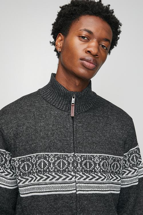 Full Zip Through Funnel Neck Jumper - Jet Black & Grey Twist / Ecru