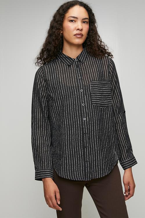 Long sleeve Sheer Stripe Button Through With Collar Blouse - Black