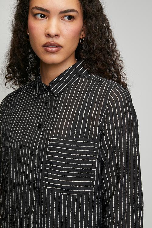 Long sleeve Sheer Stripe Button Through With Collar Blouse - Black