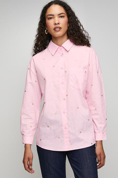 Ls Boyfriend Shirt With All Over Heart Embroidery - Light Pink