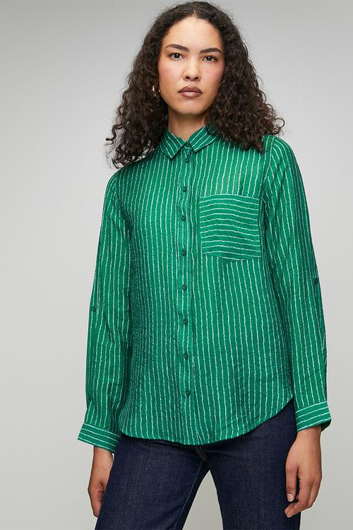 Ls Sheer Stripe Button Through With Collar Blouse - Green