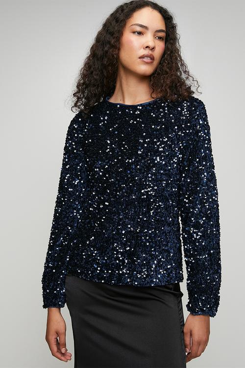 Loose Crew Neck Sequin Top With Key Hole And Satin Bow At Back - Navy