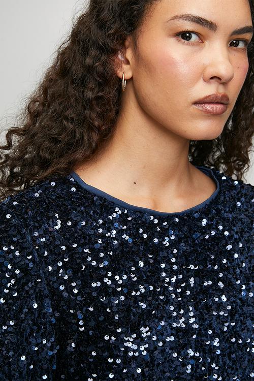 Loose Crew Neck Sequin Top With Key Hole And Satin Bow At Back - Navy