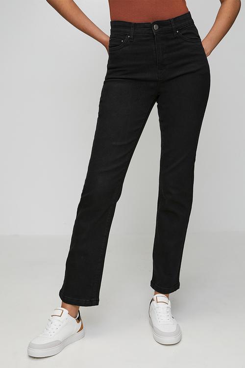 High Waisted Straight Leg Denim Jean Inside Hugger Elastic - Black