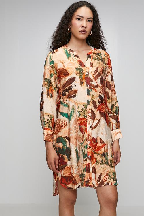 Button Through Sheer Printed Longer Length Blouse - Orange