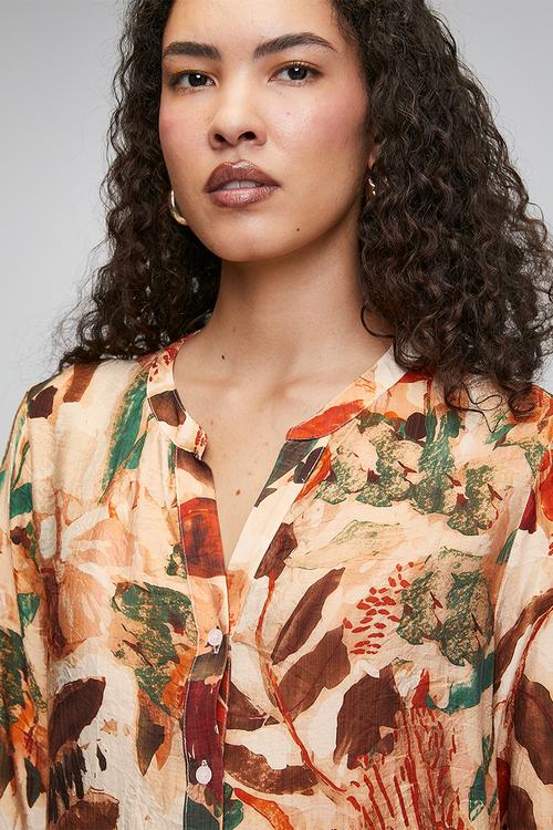 Button Through Sheer Printed Longer Length Blouse - Orange