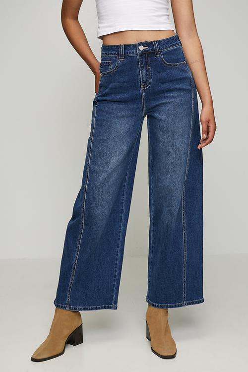 High Waist Wide Leg Pant With Waisted Side Seam - Dark Denim
