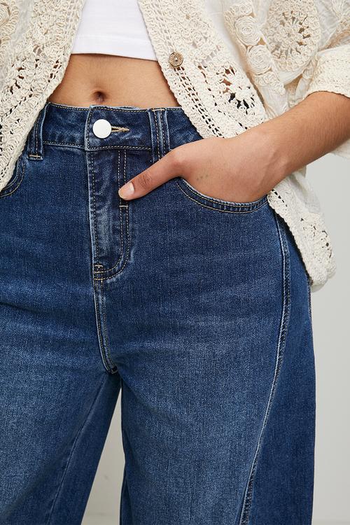 High Waist Wide Leg Pant With Waisted Side Seam - Dark Denim