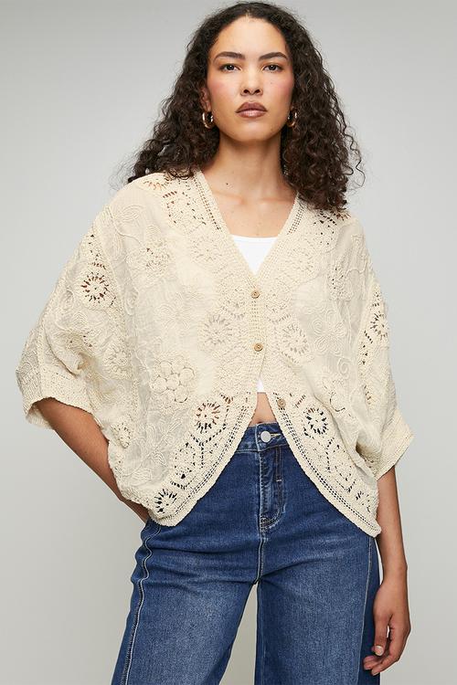 Easy Wearing Batwing Sleeve Crochet 3 Buttoned Top - Beige