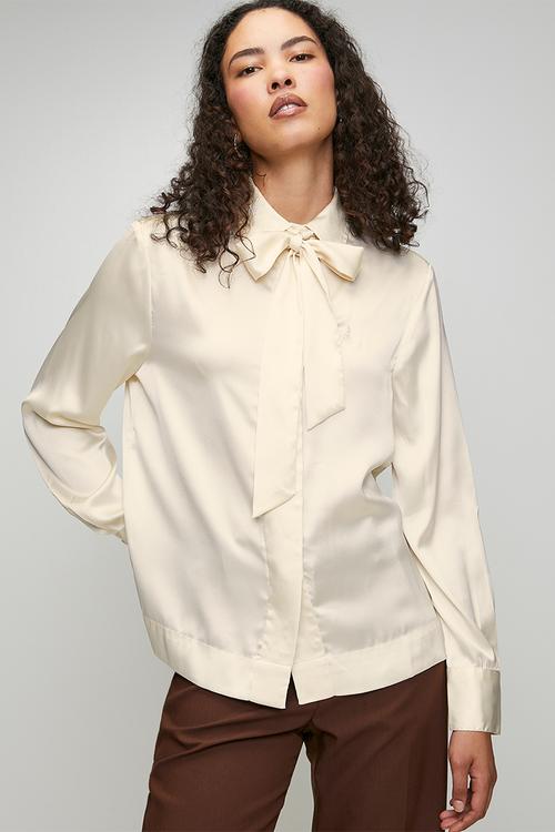 Wmn Macey Long Sleeve Tie Blouse - Birch