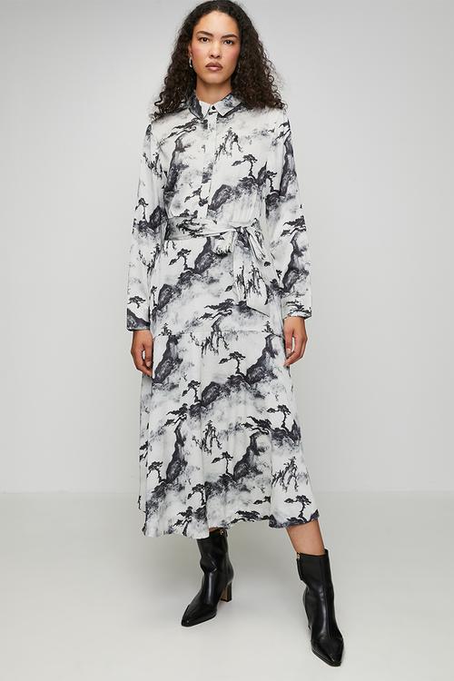 Wmn Mila Long Sleeve Printed Dress - Grey & Black