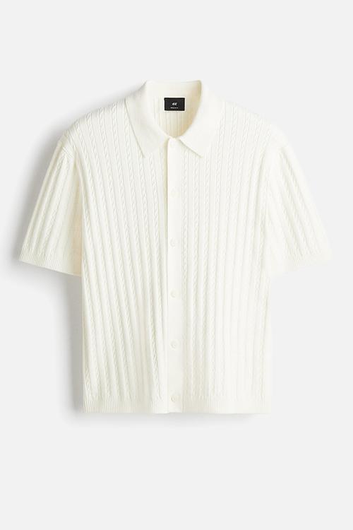 Regular fit cable-knit short-sleeved shirt - cream