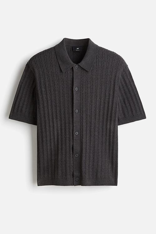 Regular fit cable-knit short-sleeved shirt - dark grey