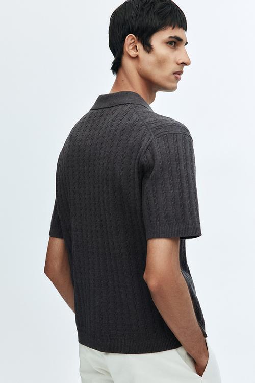 Regular fit cable-knit short-sleeved shirt - dark grey