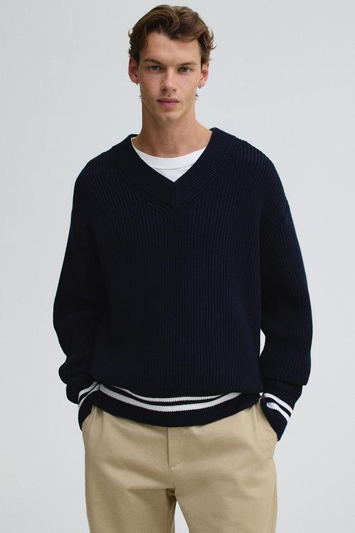Boxy fit rib-knit jumper - navy blue/white