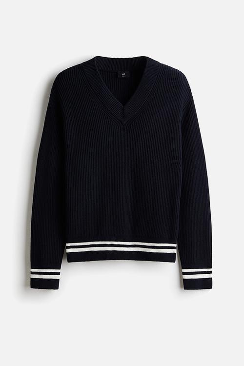 Boxy fit rib-knit jumper - navy blue/white