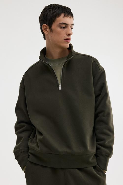 Loose fit zip-top sweatshirt - khaki green