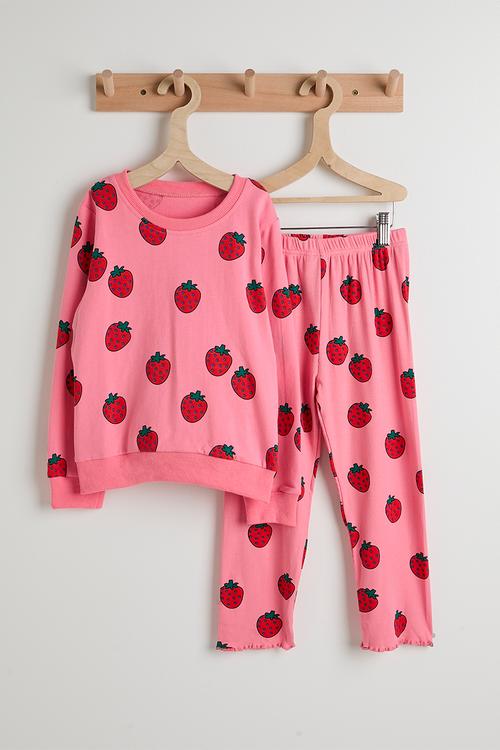 Sweat top & lettuce hem leggings - pink/strawberry aop