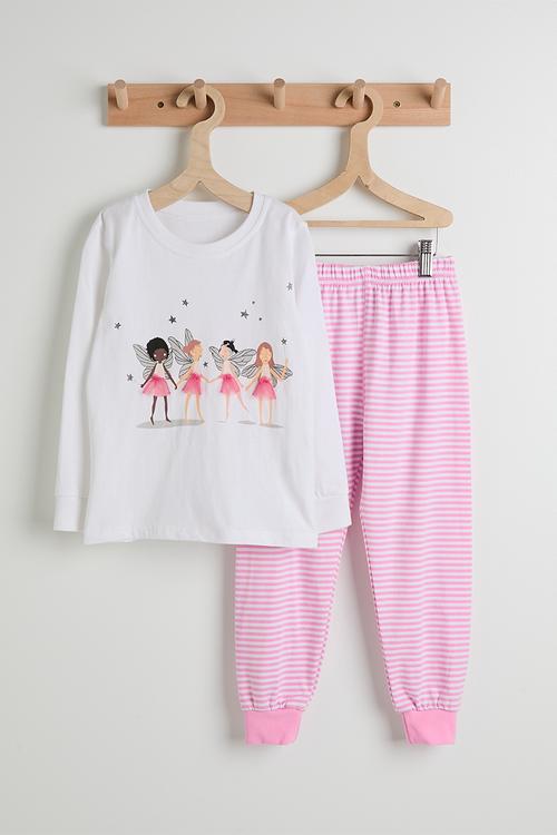 Ballerina placement print pj set - white/pink stripes