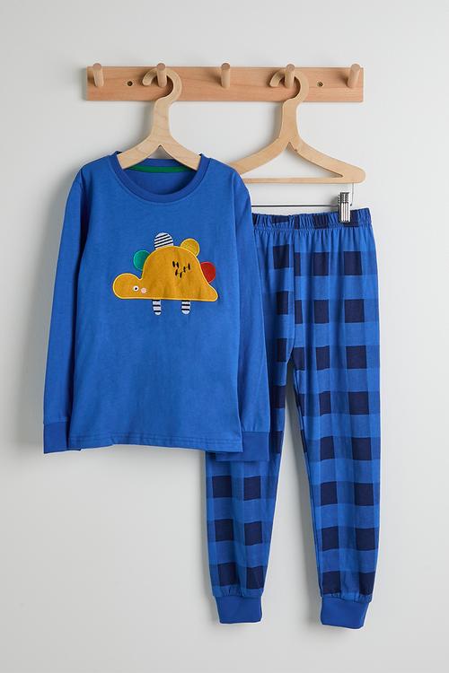 Embroidered dino placement print pj set - blue/blue gingham