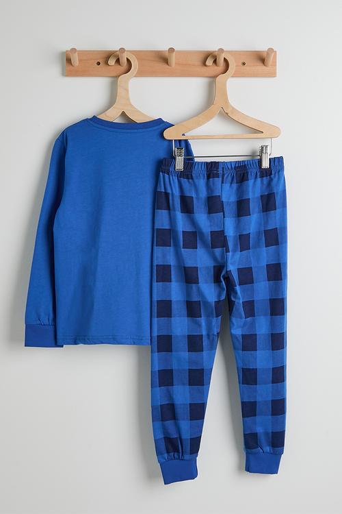 Embroidered dino placement print pj set - blue/blue gingham