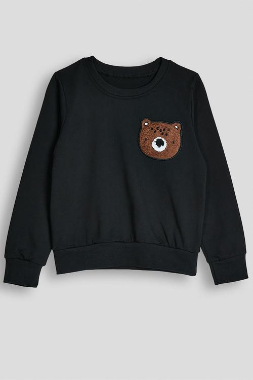 Chenille bear graphic sweat top - black