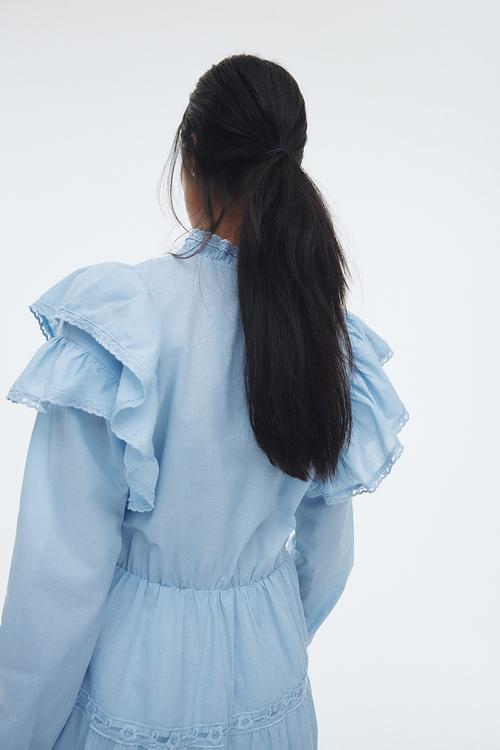 Frill-trimmed cotton dress - light blue