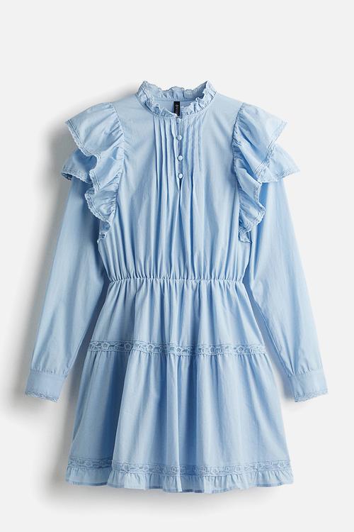 Frill-trimmed cotton dress - light blue