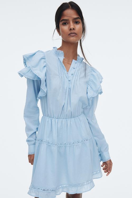 Frill-trimmed cotton dress - light blue