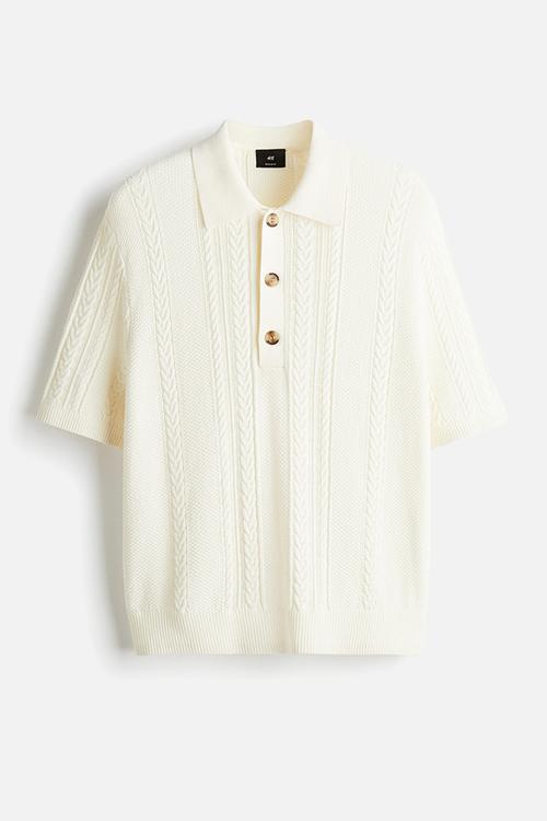 Regular fit cable-knit polo shirt - cream 