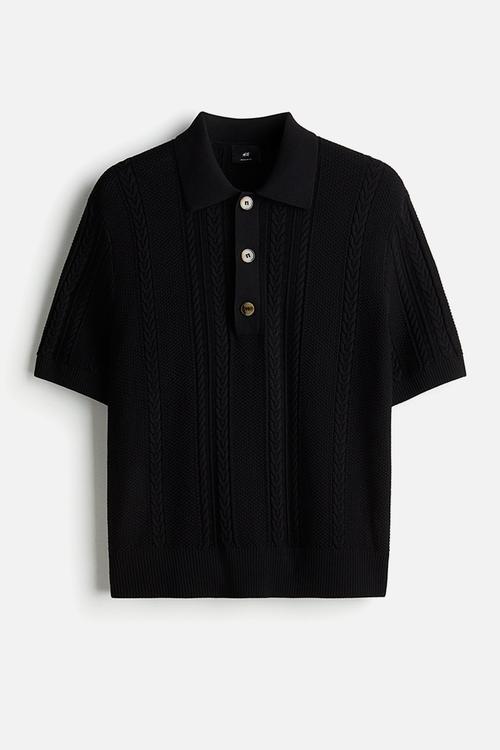 Regular fit cable-knit polo shirt - black