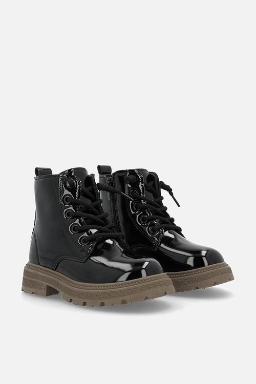 Glossy faux leather lace-up boots - black