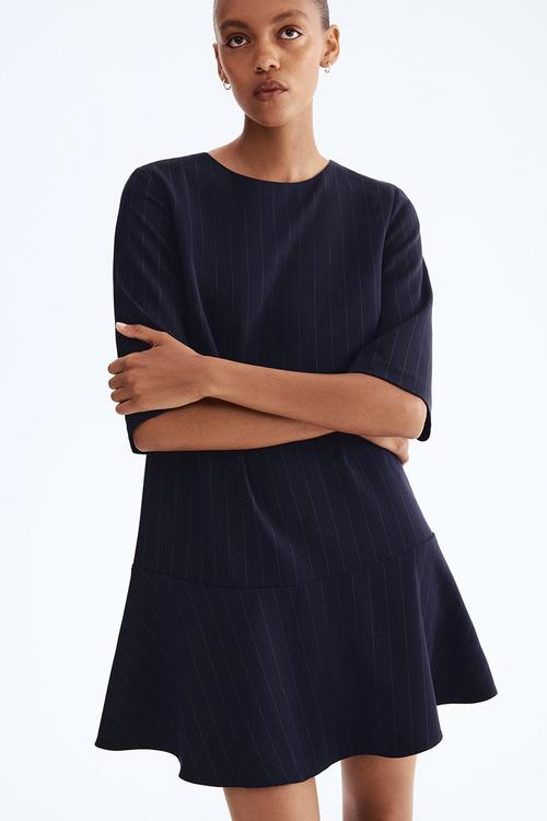 Circle-skirt shift dress - navy blue/pinstriped