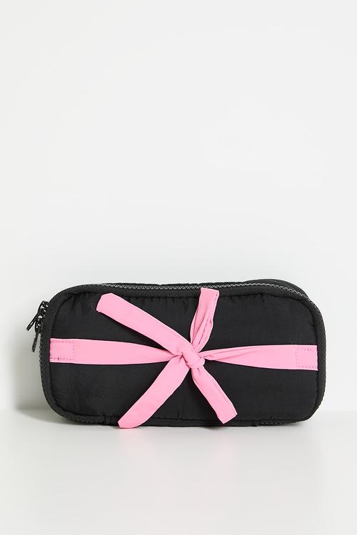 Cosmetic bag with contrast bow - black & pink