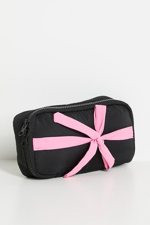 Cosmetic bag with contrast bow - black & pink