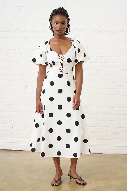 Spot Linen Blend Dress with Lace Up Detail - White