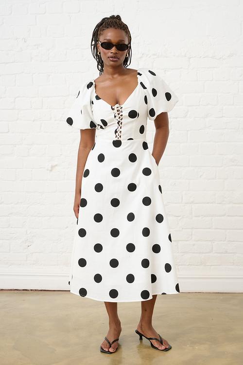 Spot Linen Blend Dress with Lace Up Detail - White