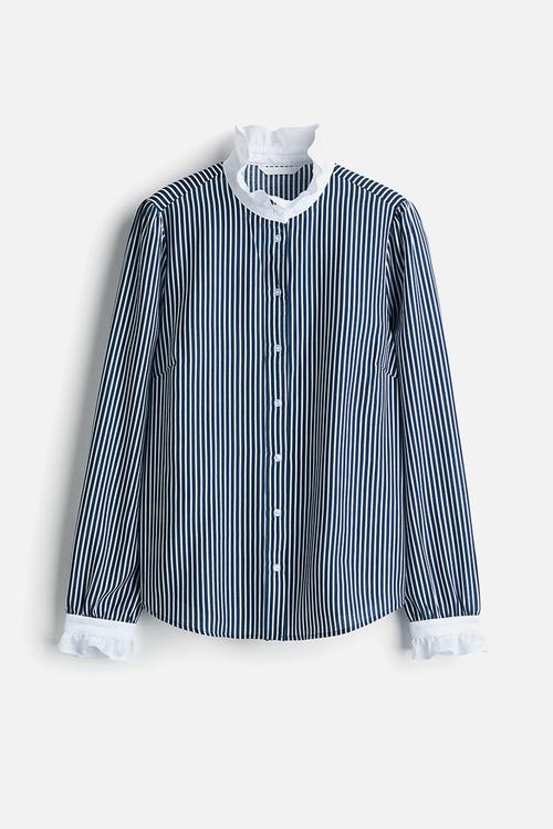 Frill-collar blouse - navy blue/white striped
