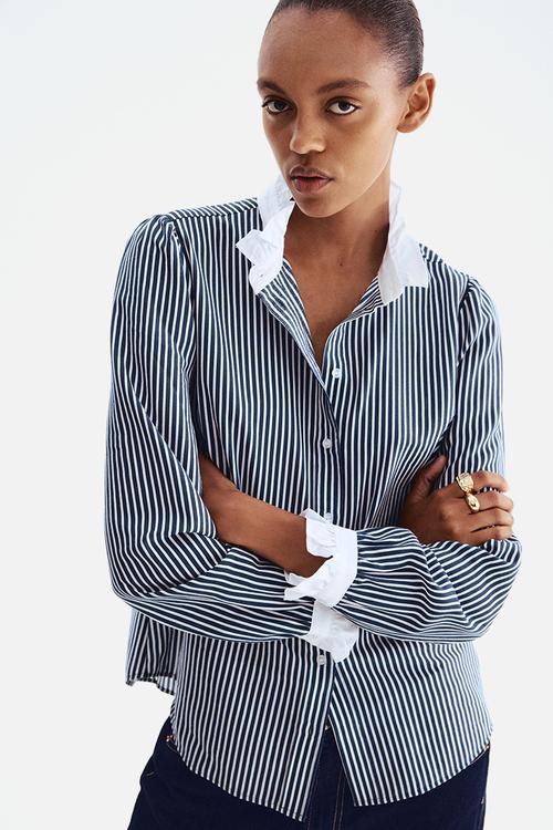 Frill-collar blouse - navy blue/white striped
