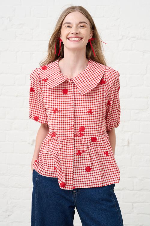 Peplum Blouse in Interest Gingham - Red