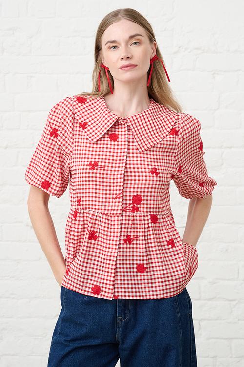 Peplum Blouse in Interest Gingham - Red