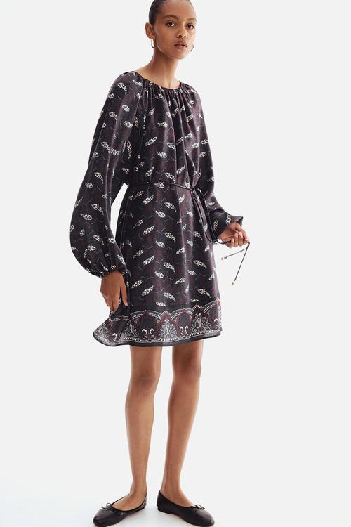 Oversized tie-belt dress - navy blue & paisley pattern