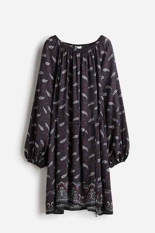 Oversized tie-belt dress - navy blue & paisley pattern