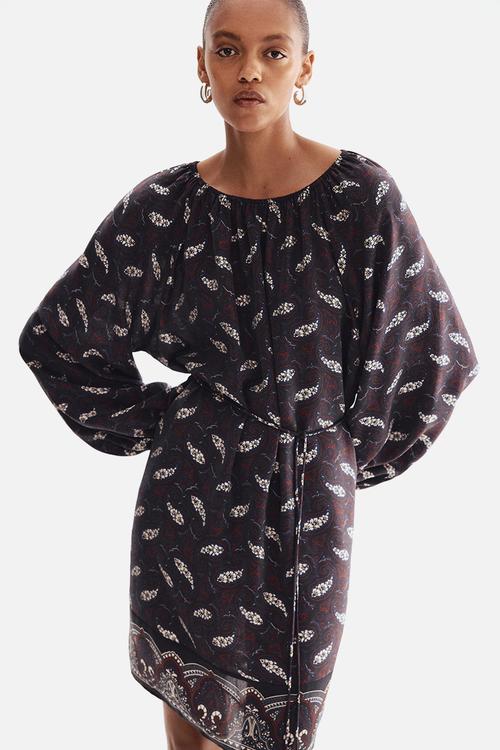 Oversized tie-belt dress - navy blue & paisley pattern