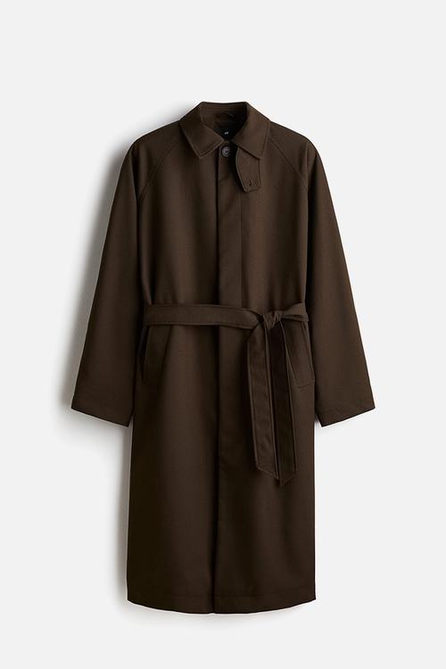 Loose fit belted mac-style coat - dark khaki green