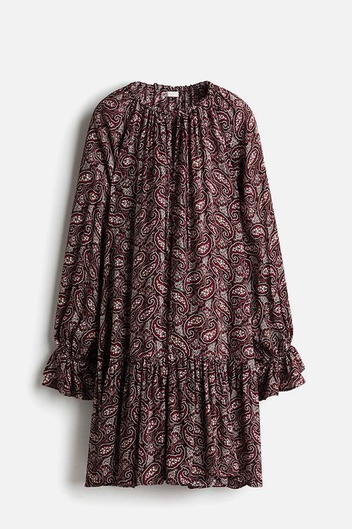 Frilled-sleeve dress - burgundy/paisley pattern