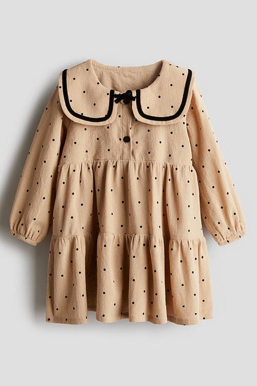 Collared cotton dress - beige/spotted